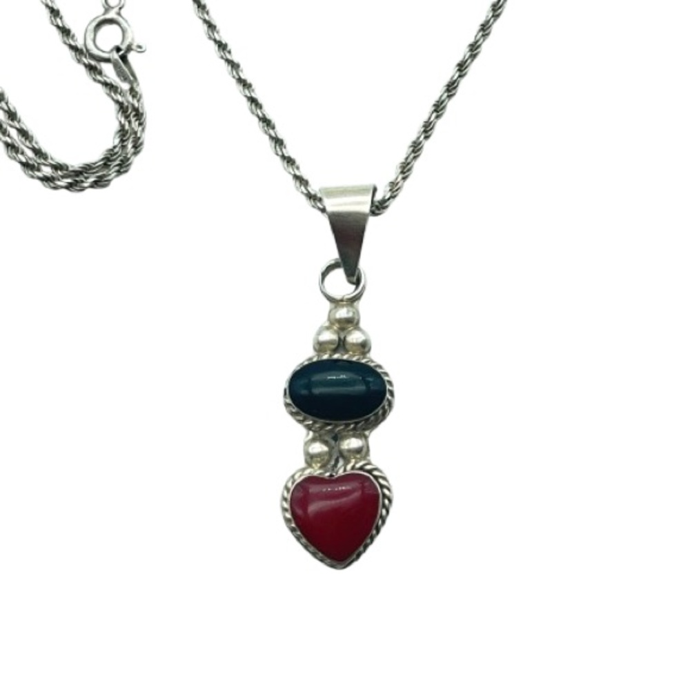 Sterling Silver Heart Pendant Necklace Red & Black Inlay Stone Rope Twist Chain - Picture 5 of 17